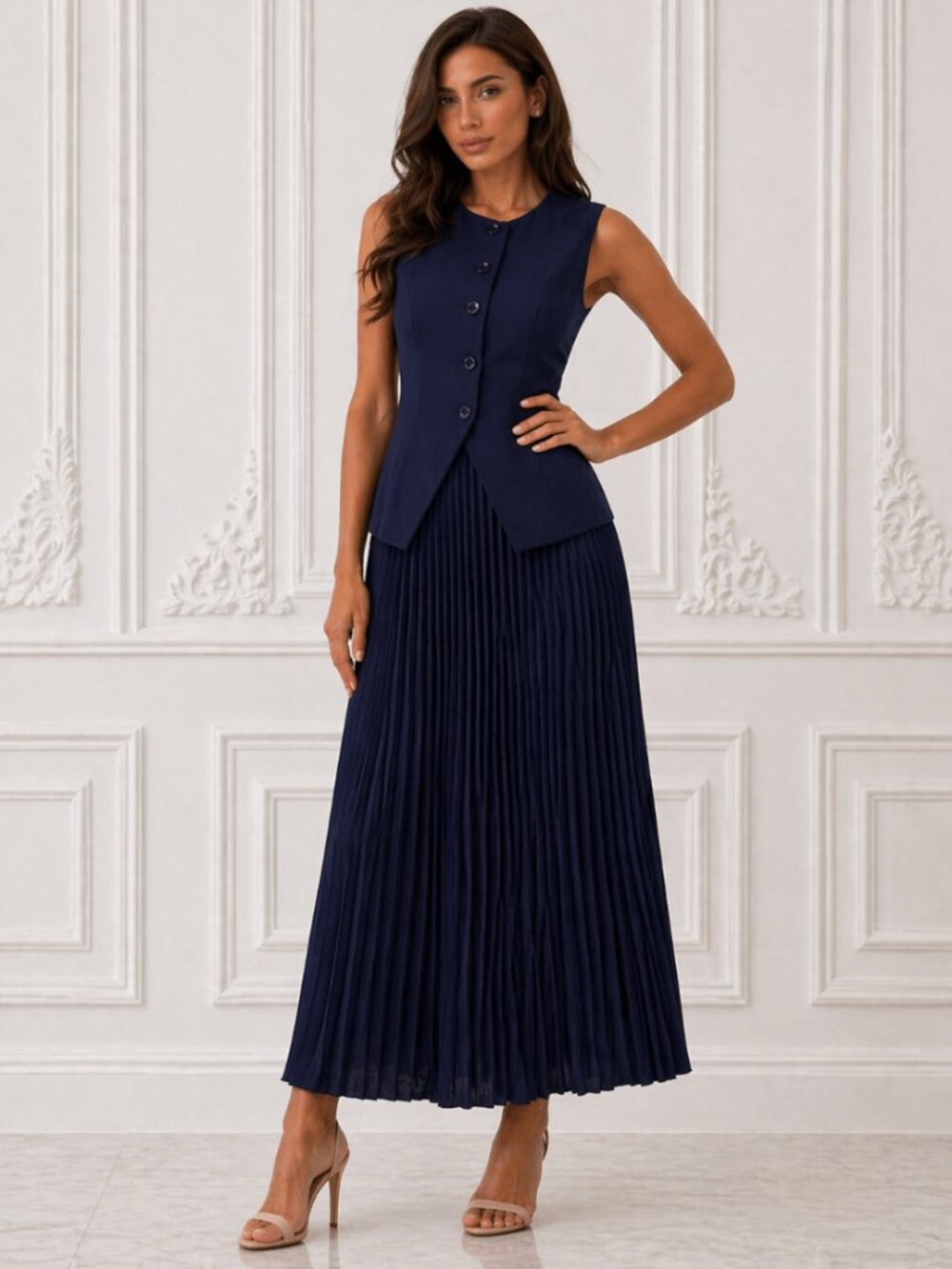 Commense Navy Pleated Maxi Skirt Set